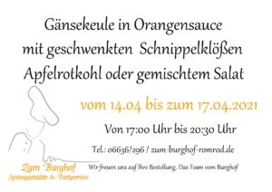 Sonderaktion - 14.04.2021 bis 17.04.2021 - Gänsekeule in Orangensauce mit geschwenkten Schnippelklößen und Apfelrotkohl oder gemischtem Salat